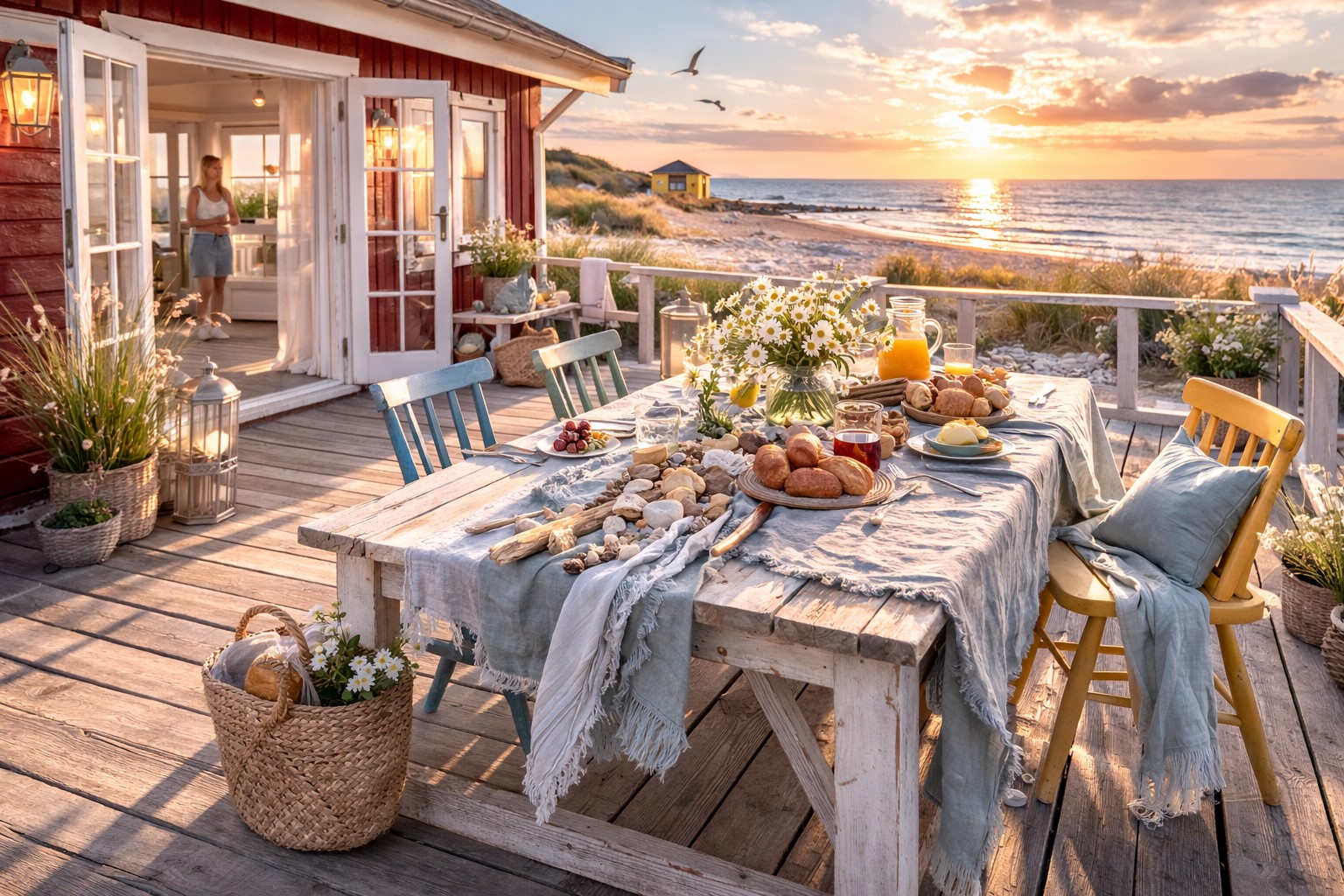 Handbemaltes Porzellan von Helina Tilk auf gedecktem Frühstückstisch auf einer Holzterrasse am Meer